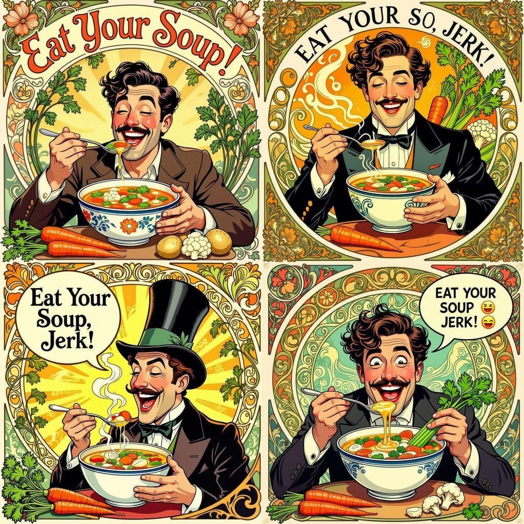 Art Nouveau Man Enjoys Whimsical Soup Dish