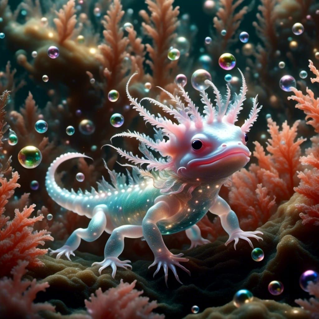 Cute Translucent Axolotl with Ethereal Bubbles