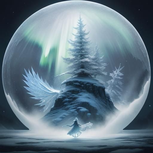 Magical Fantasy: Figures Fly Through Snowy Aurora Landscape