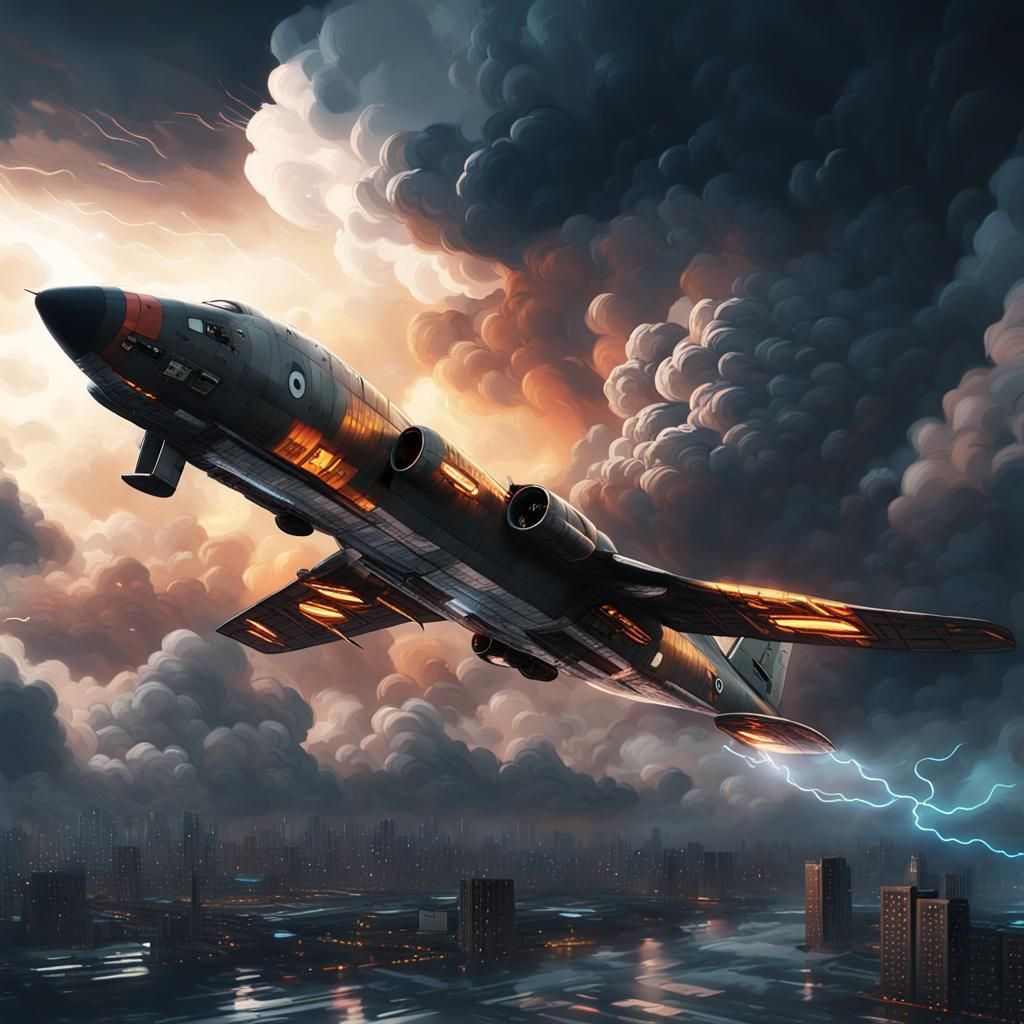 Surreal Futuristic Jaeger Bomber Descends Through Turbulent....