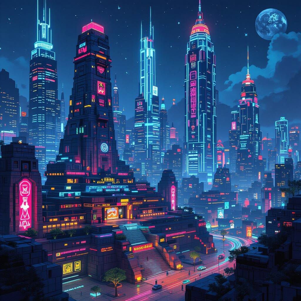 Futuristic Aztec City in Cyberpunk Style
