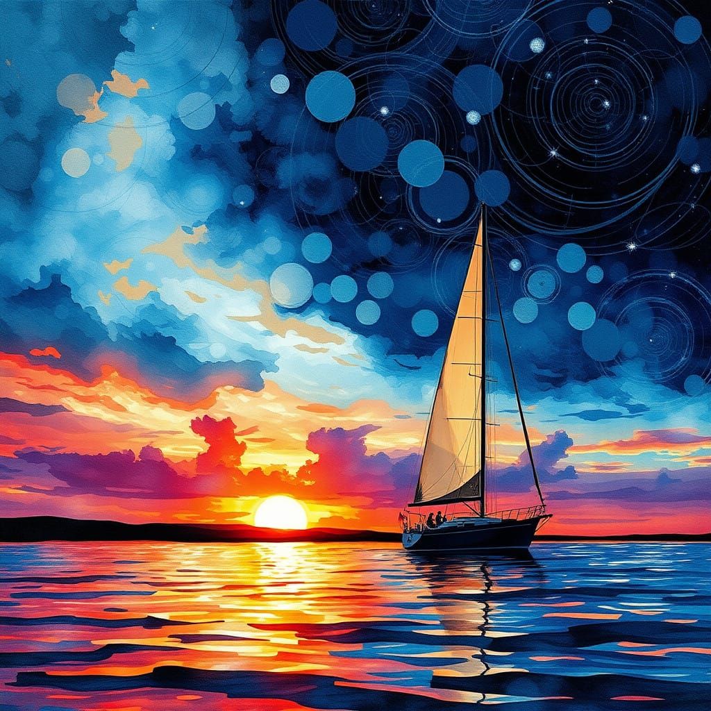 Impasto Watercolor Fantasy Sailboat in Sunset