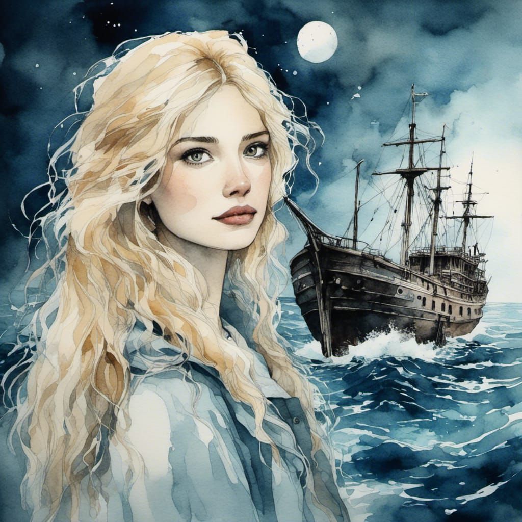 Romantic Watercolor: Blonde Woman on Ship at Sea