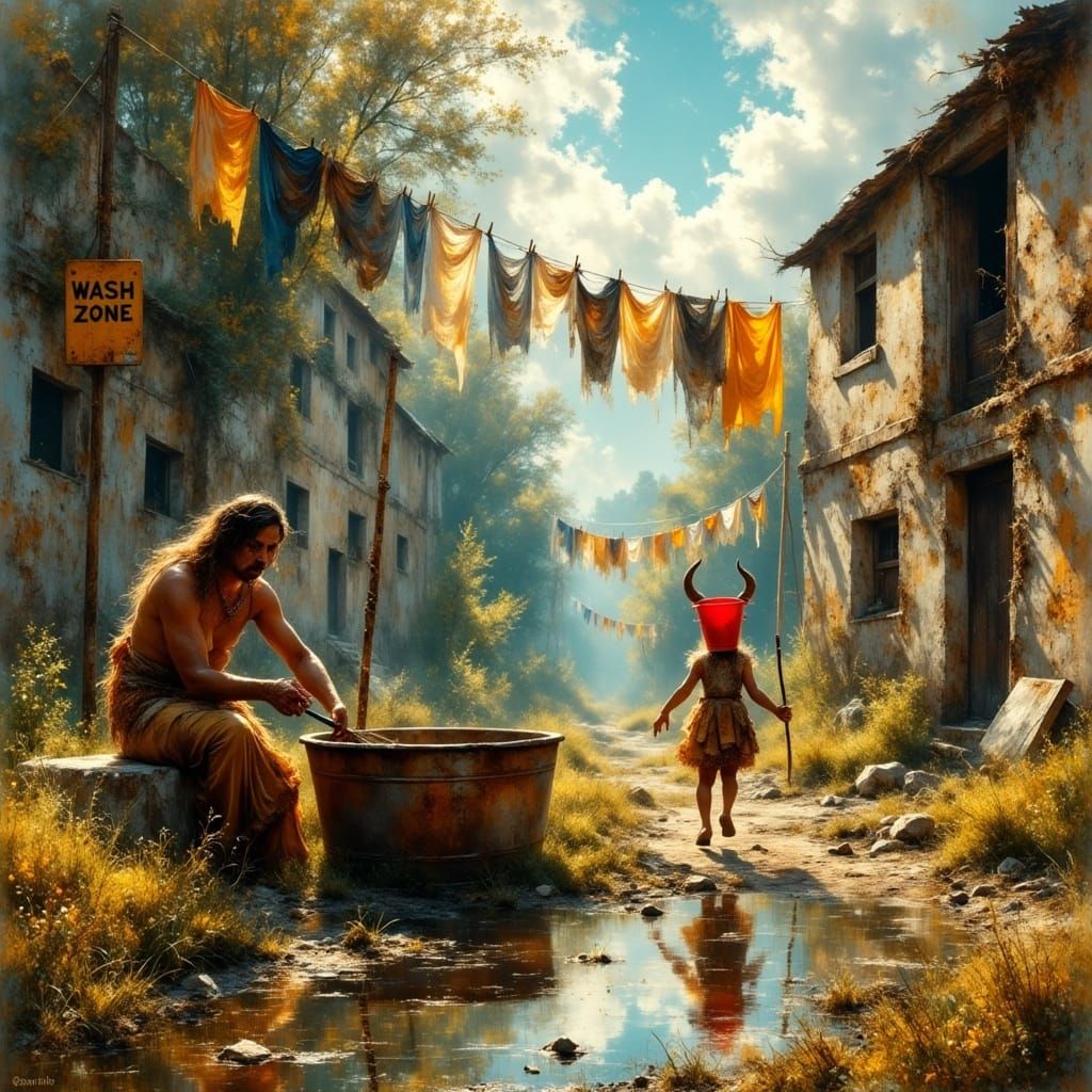 Post-Apocalyptic Woman Washing Plastic Bags