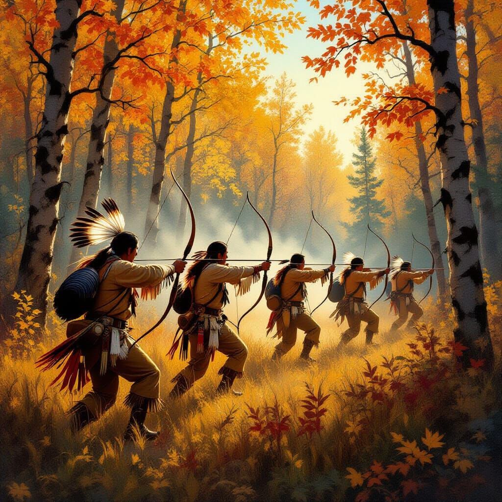 Native American Hunters in Autumn Forest