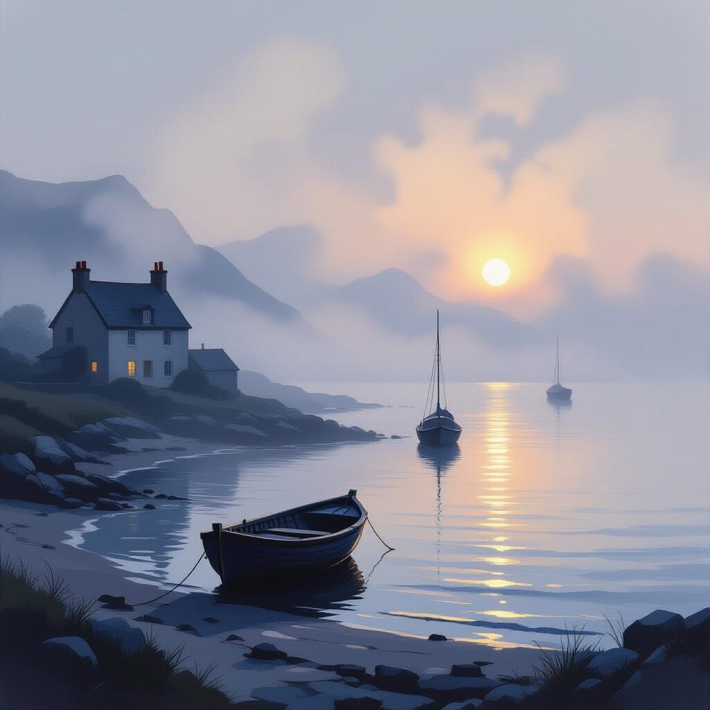 Misty Seaside Village at Dawn in Turner-Inspired Style