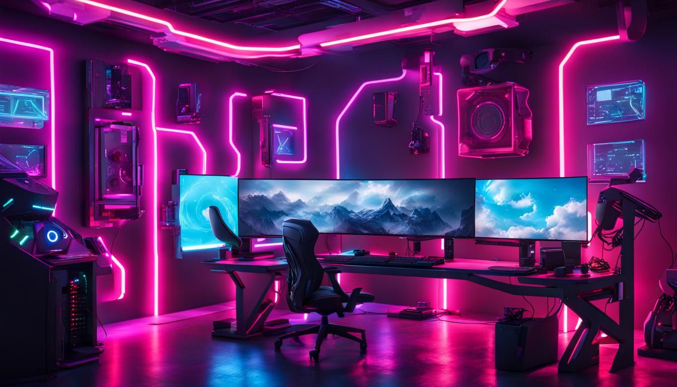 Futuristic Neon Gaming PC Setup with Robotic Elements