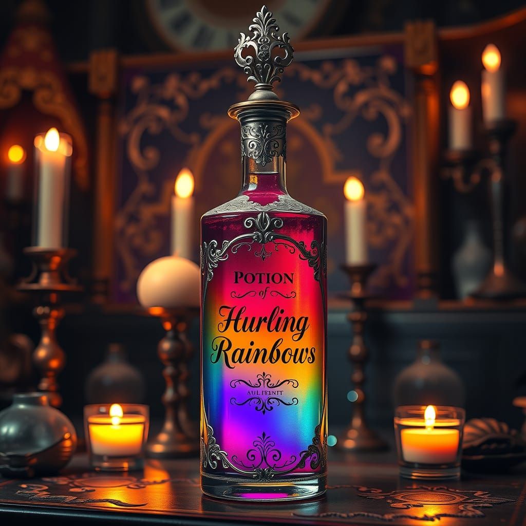 Mystical Potion Bottle with Rainbow Liquid and Intricate Det...