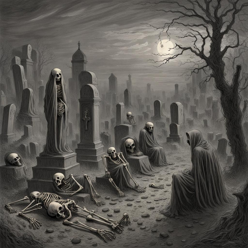 Living Skeletons in Abandoned Graveyard, Horror Art