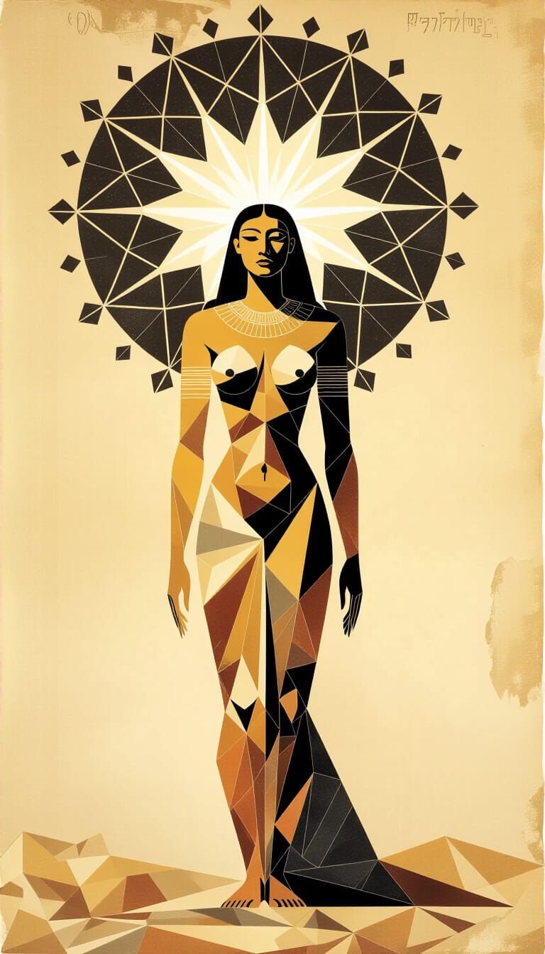 Ancient Cave Art: Ethereal Female Figure with Star Halo