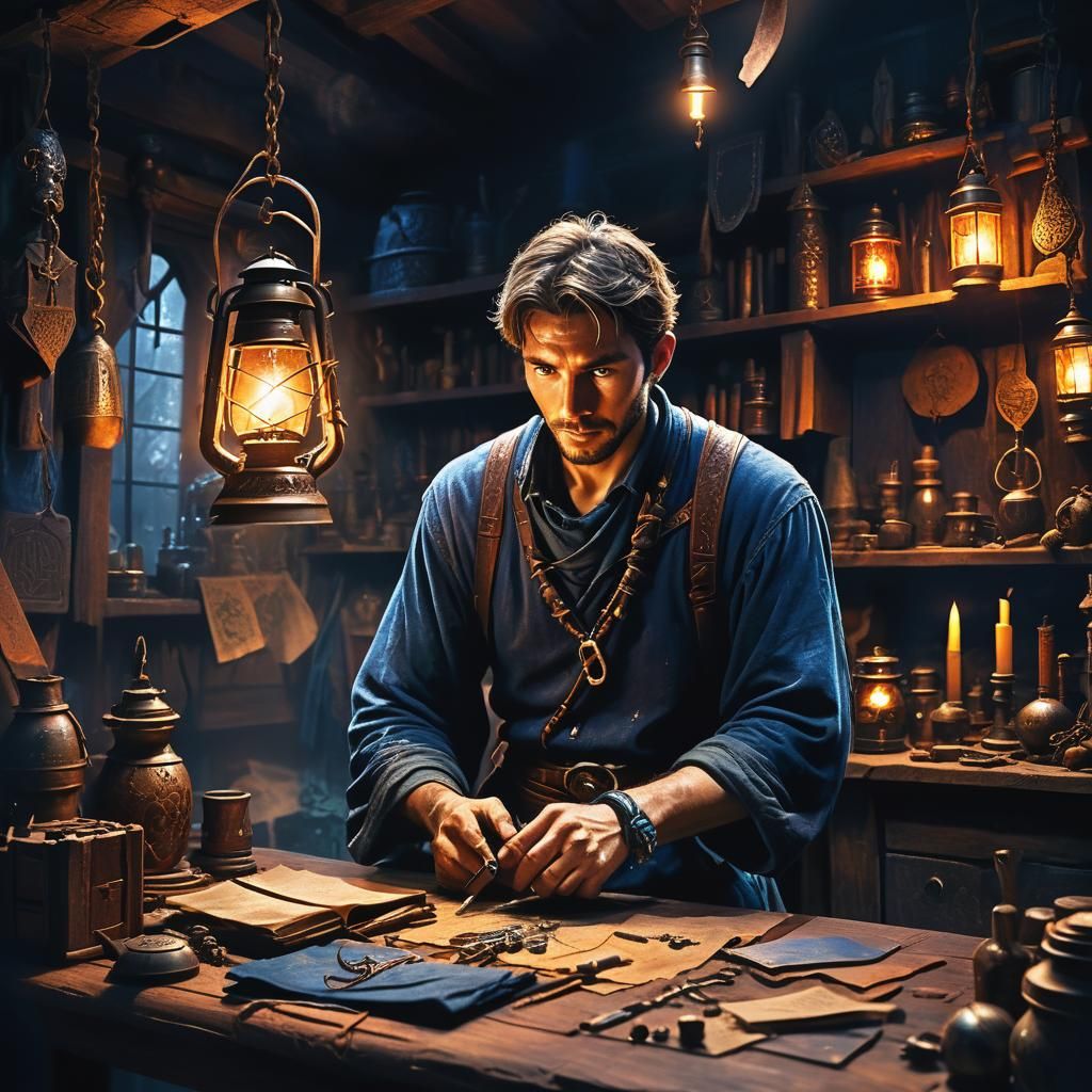 Mystical Craftsman in a Fantasy Workshop