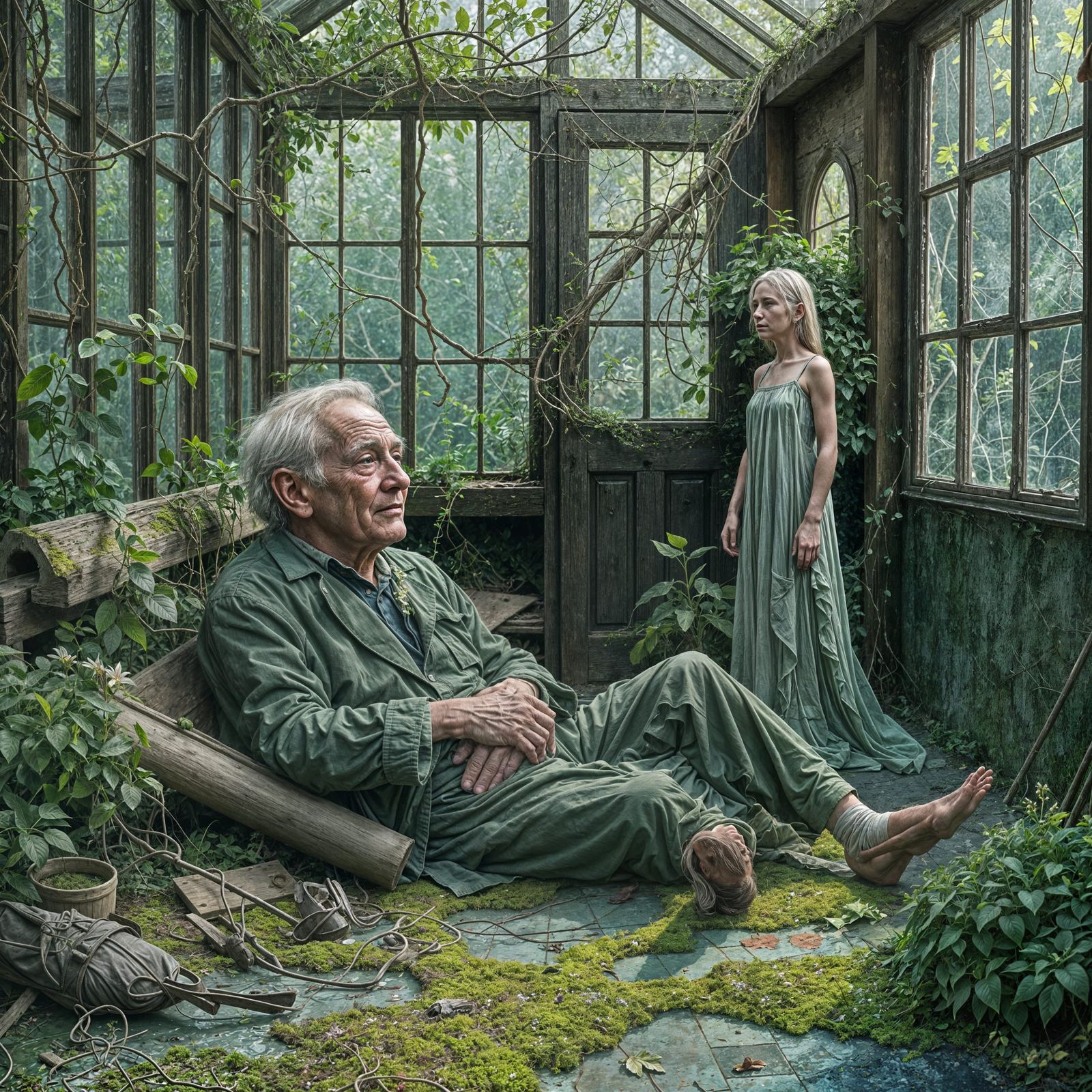 Old Man Resting in Overgrown Greenhouse