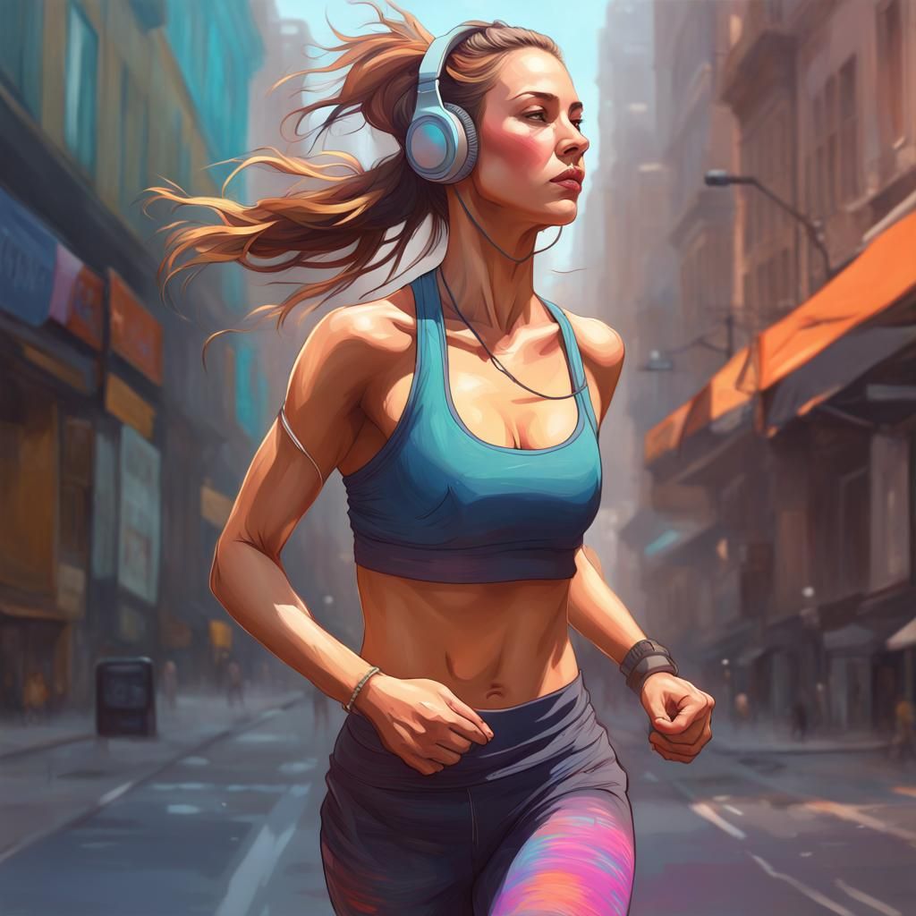 Hyperrealistic Portrait: Woman Jogging on a Hot Day