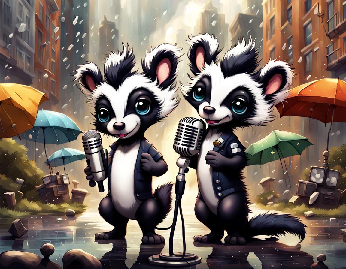 Adorable Skunk Singer in a Papercraft City