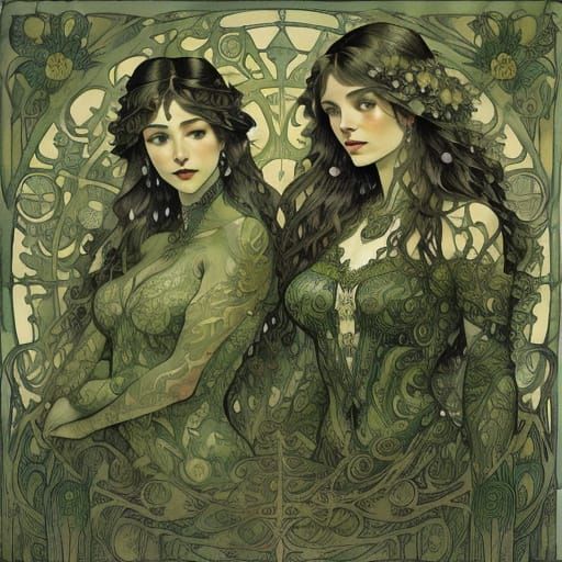 Lush Green Botanical Art Nouveau Scene