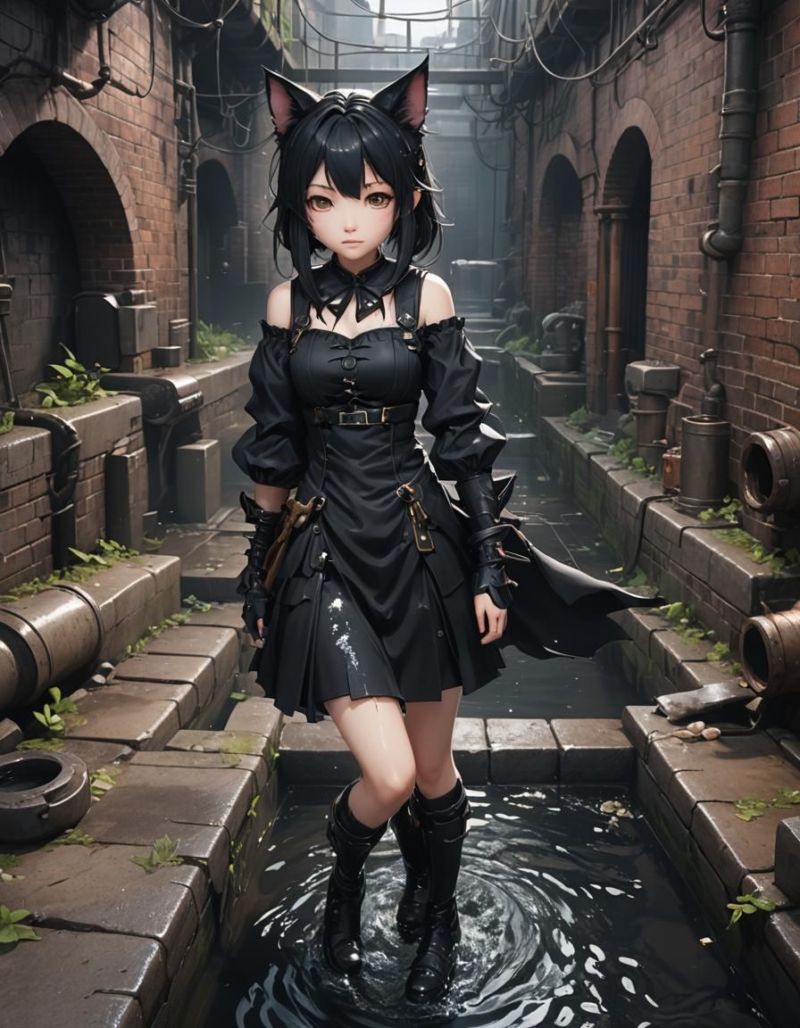 Cat-Ear Shoujo Fighting in Sewers: Detailed Matte Painting