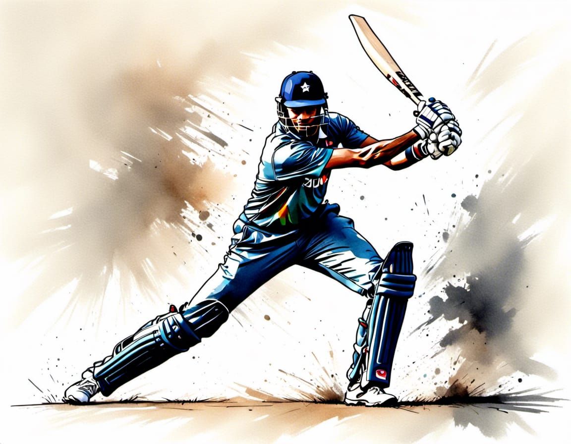 Cricket Batsman in Pencil and Ink Sketch