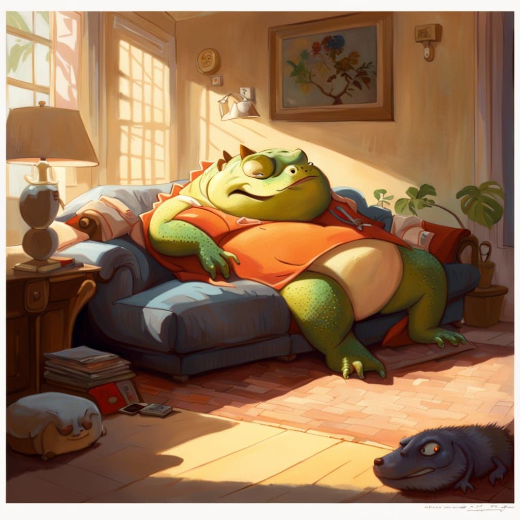 Chubby Lizard Sleeping on Sofa in Pixar Style