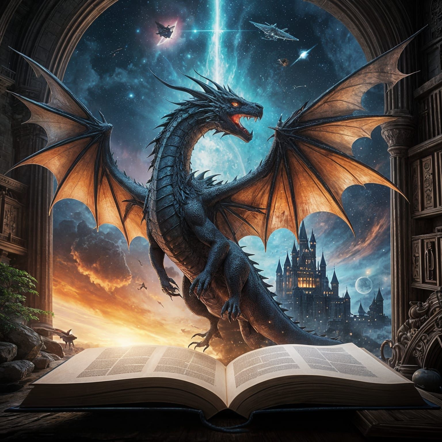 Epic Tree Castle Scene in a Double Exposed Book