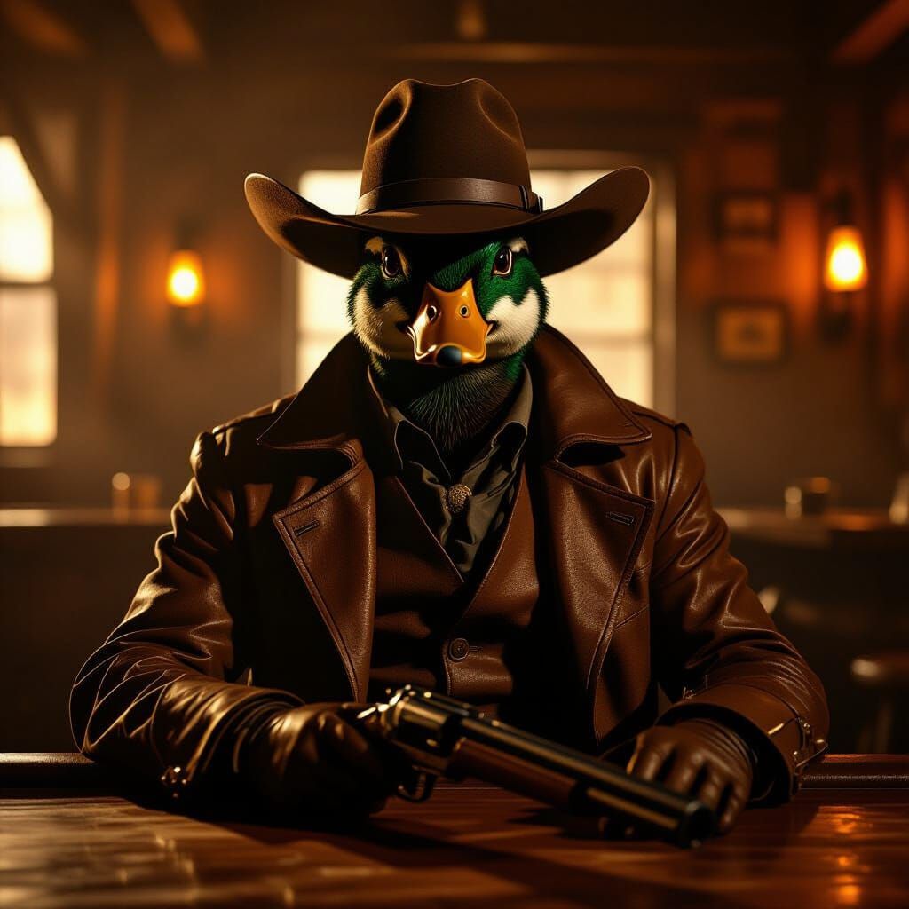 Wood Duck Gunslinger in Dusty Saloon, Cinematic Lighting