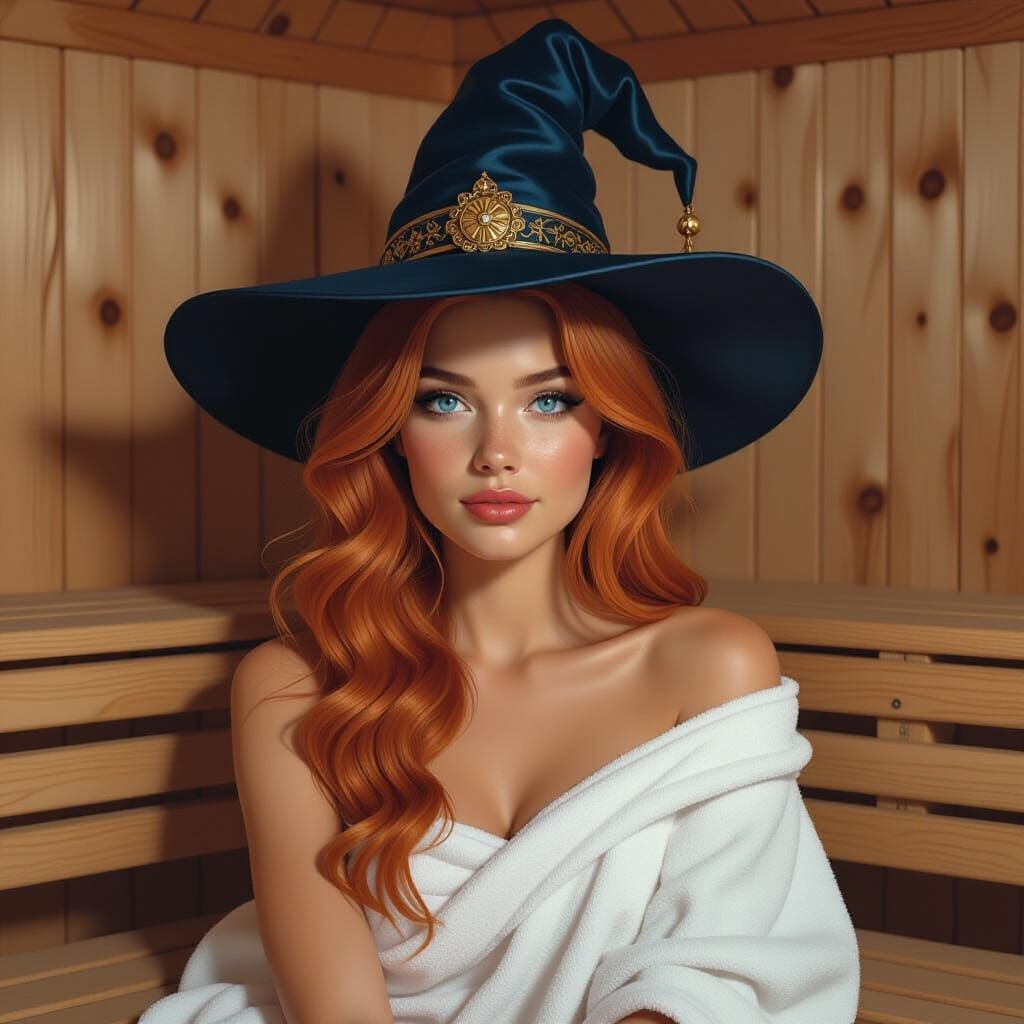 Mystical Sauna Scene with Woman in Witch Hat
