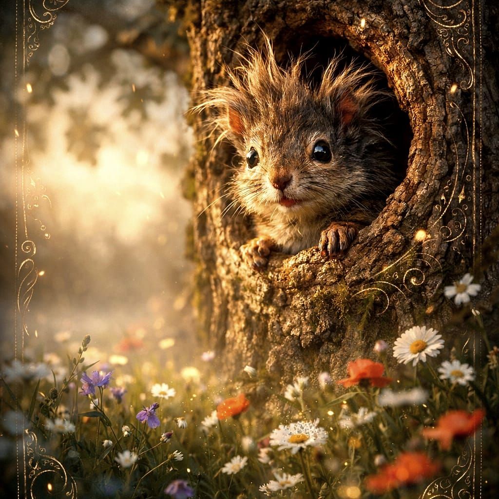 Adorable Squirrel With Bed Head in Whimsical Morning Light