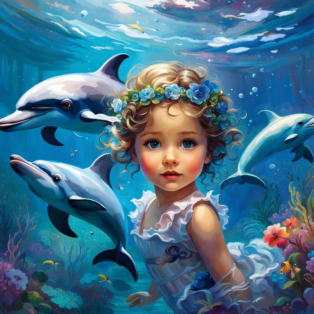 Chibi Dolphin Underwater in Impressionistic Style