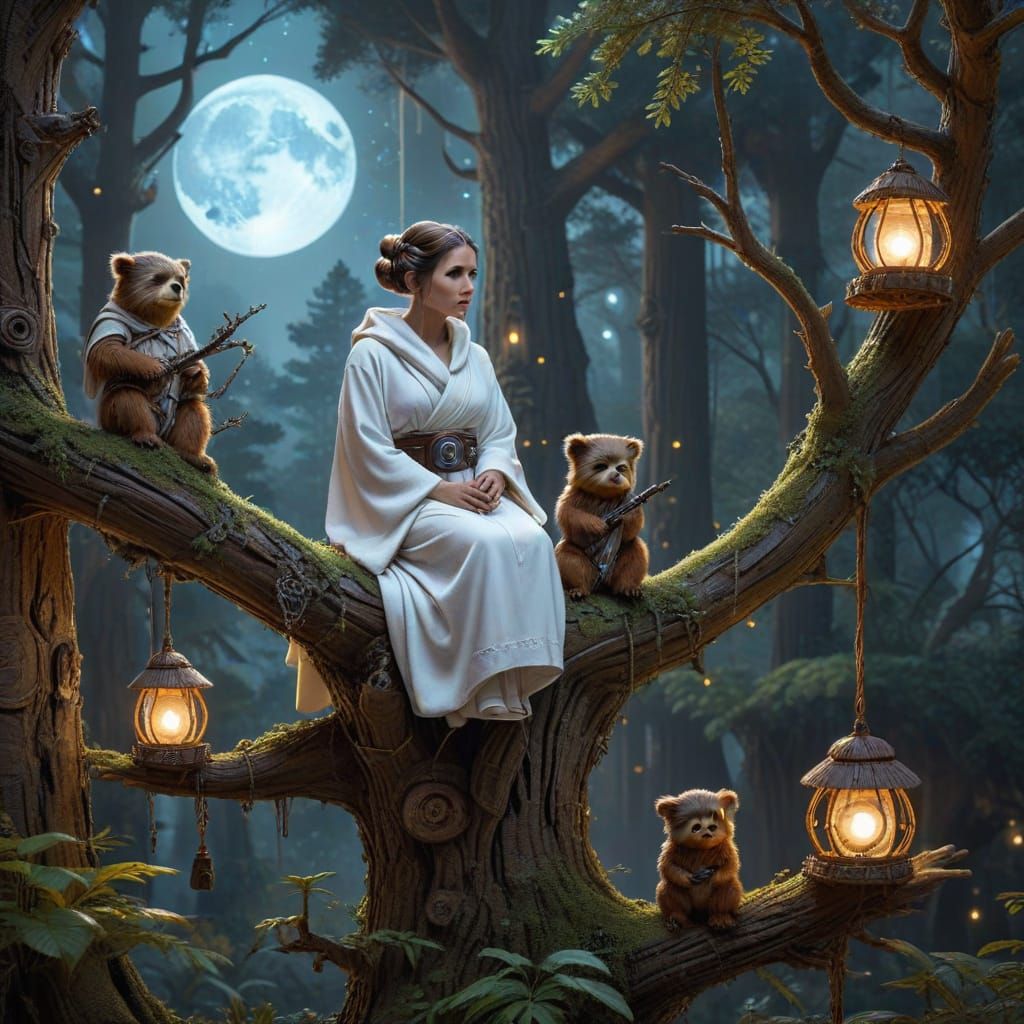 Princess Leia with Ewoks Under Twin Moons