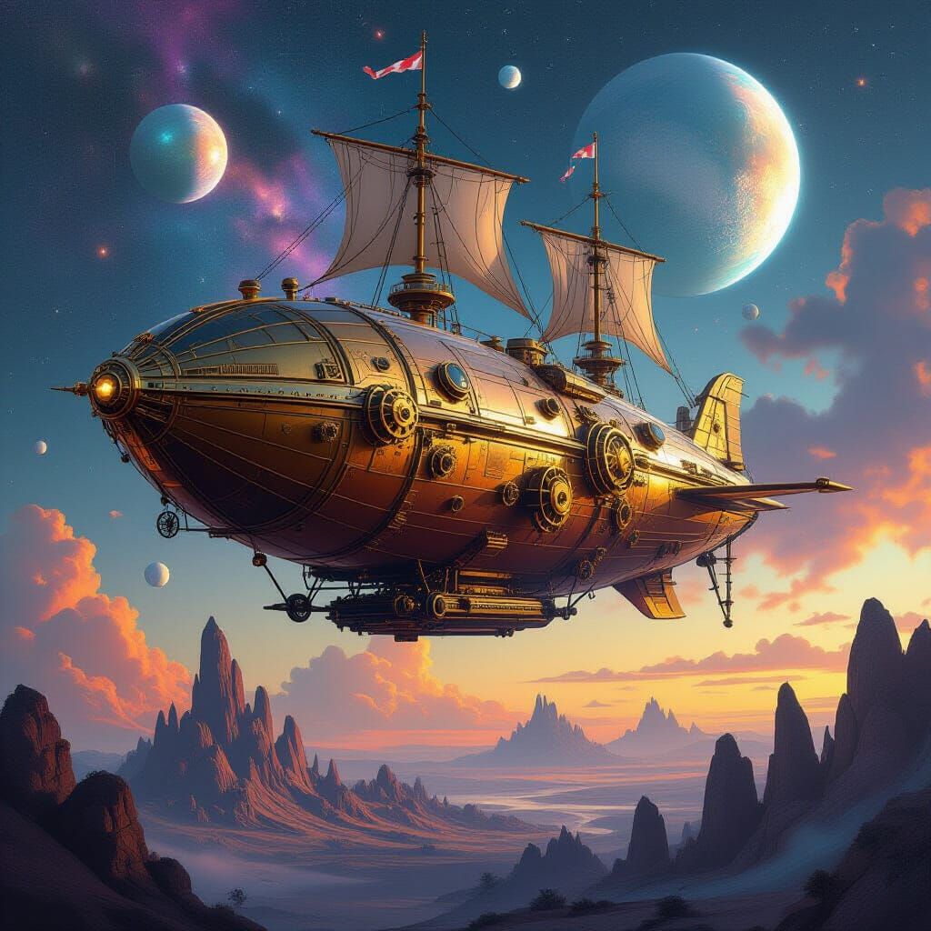 Steampunk Airship Soaring Through Nebula Sky