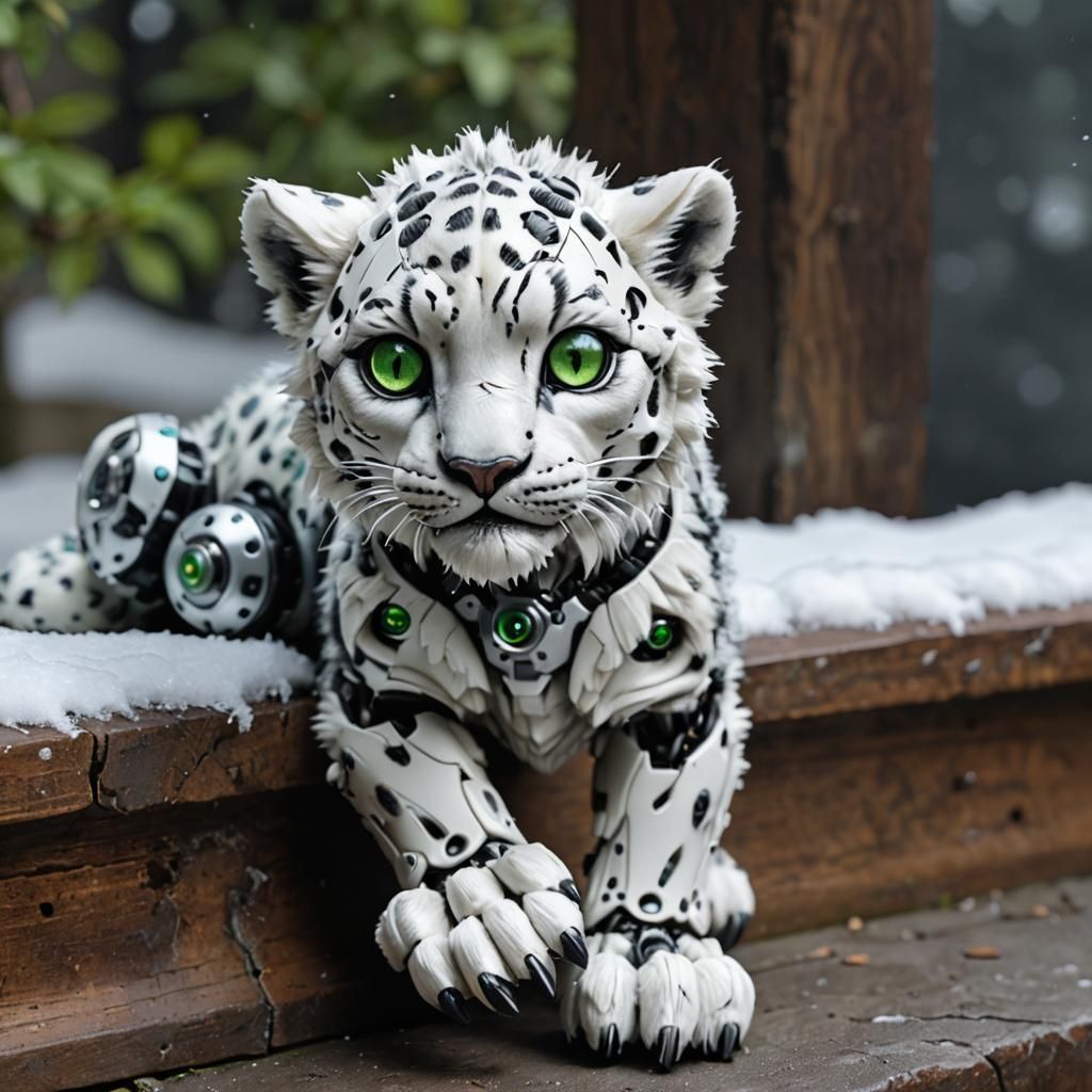 Cyborg Snow Leopard Cub with Robotic Details