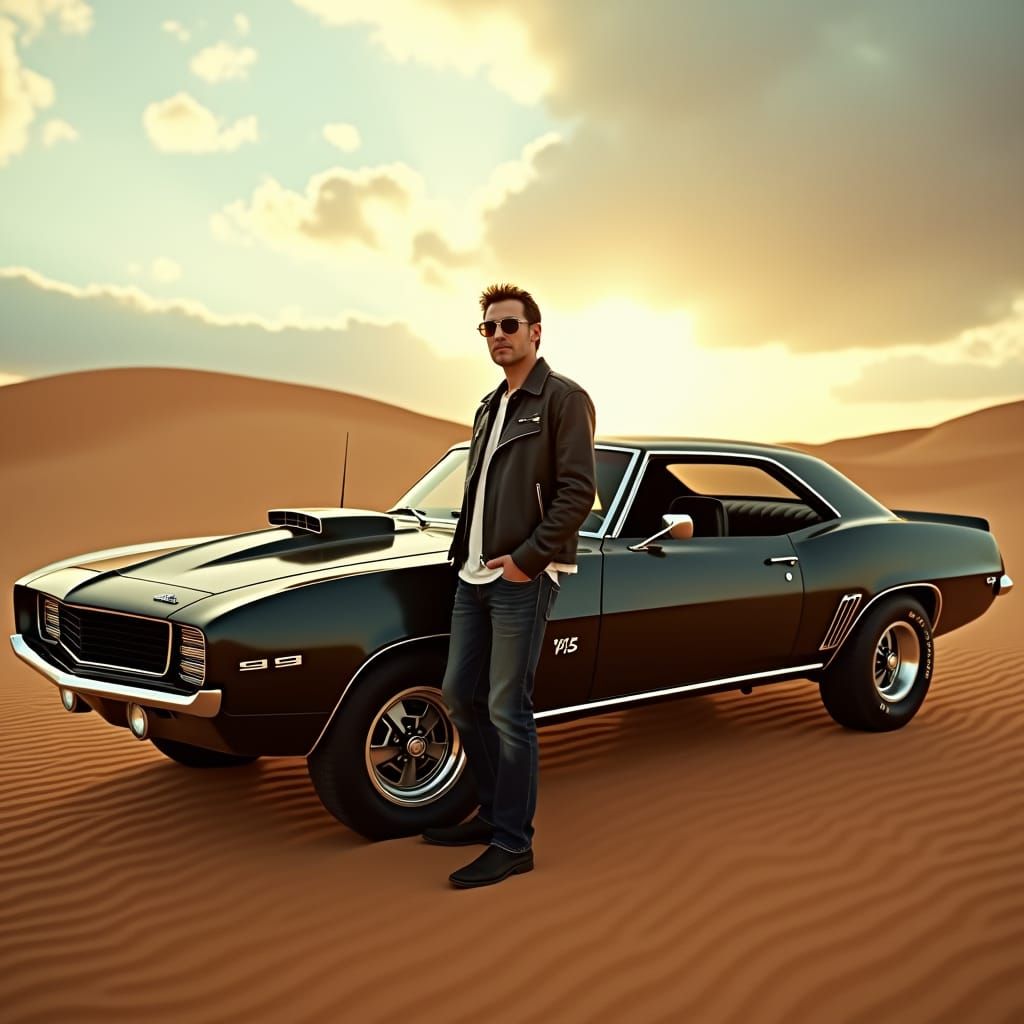 Classic American Muscle Car in Golden Desert Light