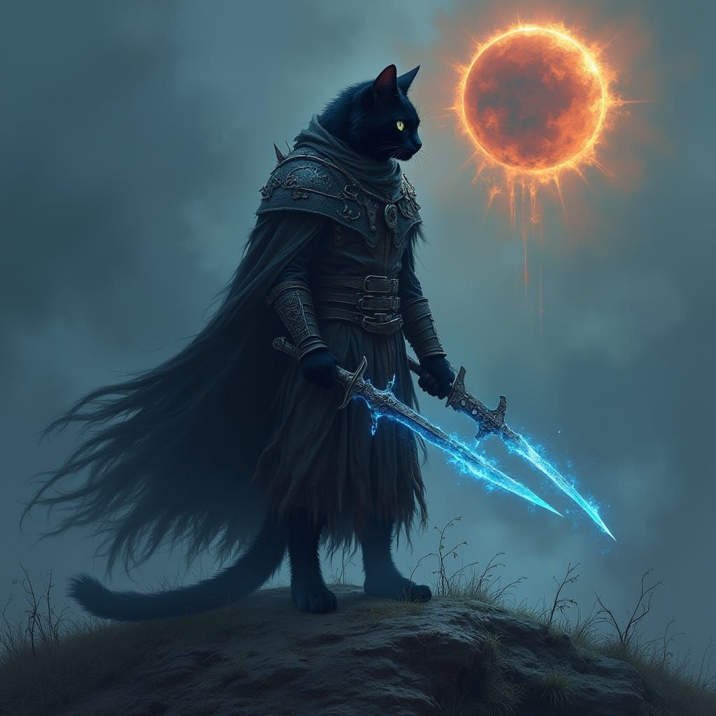 Bipedal Cat Assassin Under Solar Eclipse