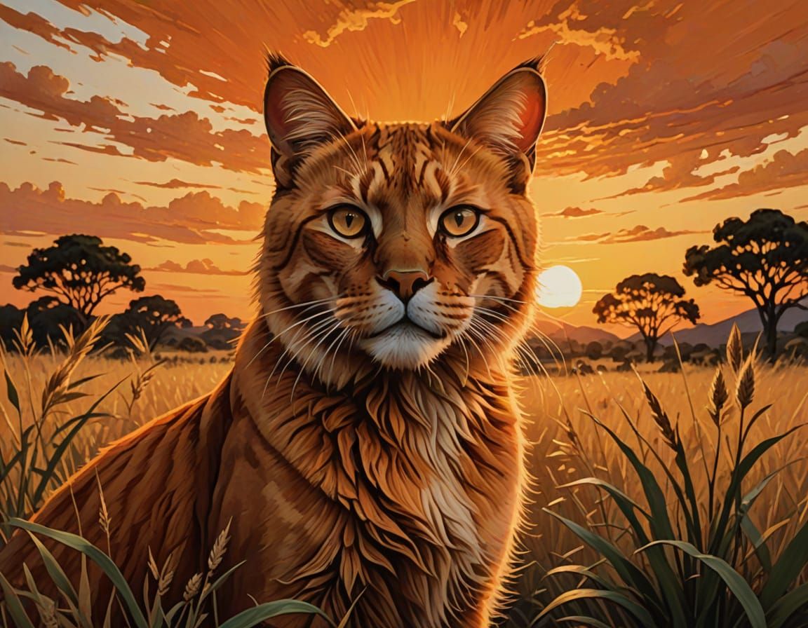Sunset Savannah Cat Silhouette with Lions: Surreal Concept A...