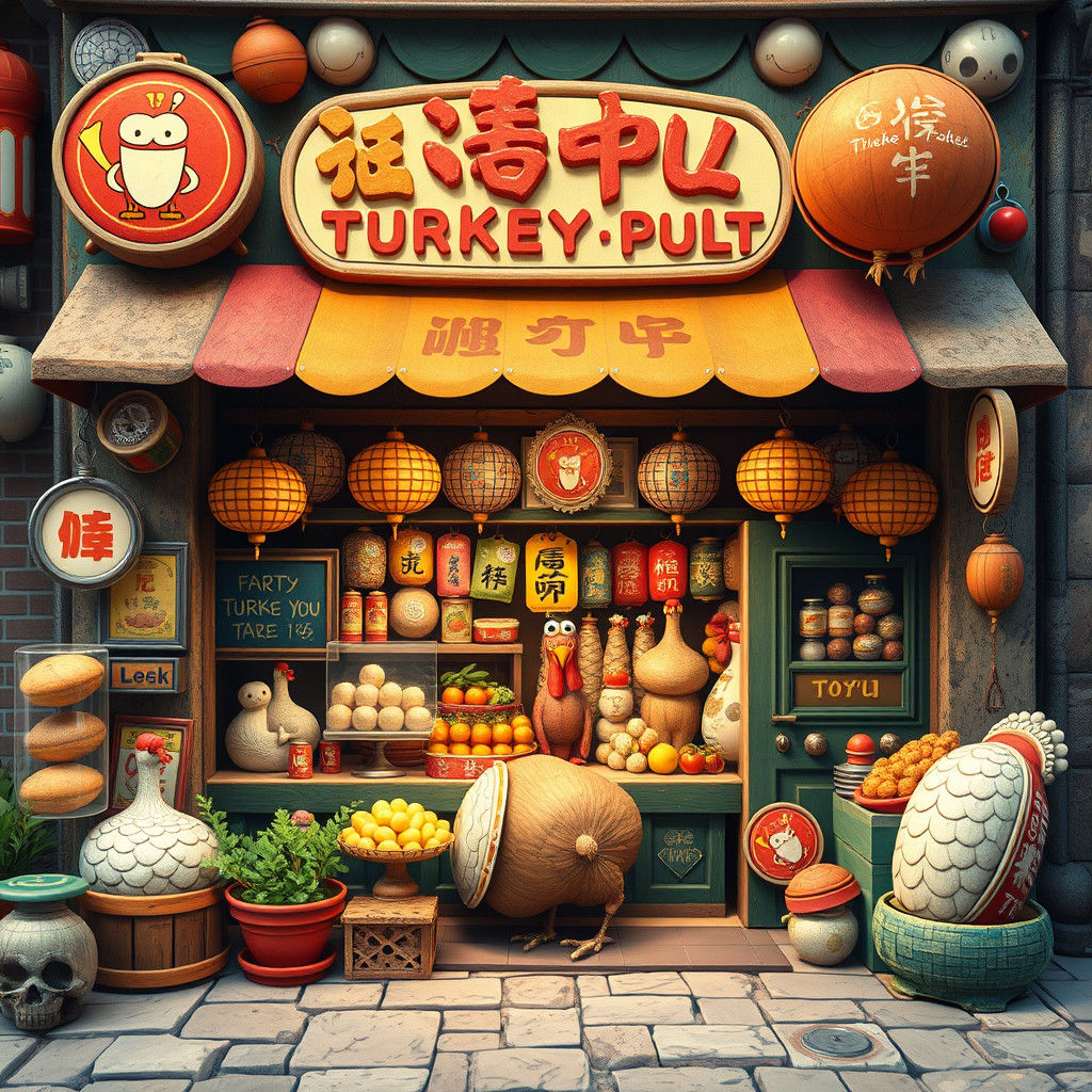 Whimsical Turkey-pult Storefront in Concept Art Style