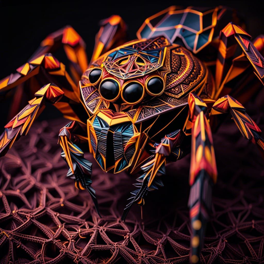 Psychedelic Origami Spider in Hyperrealistic Detail
