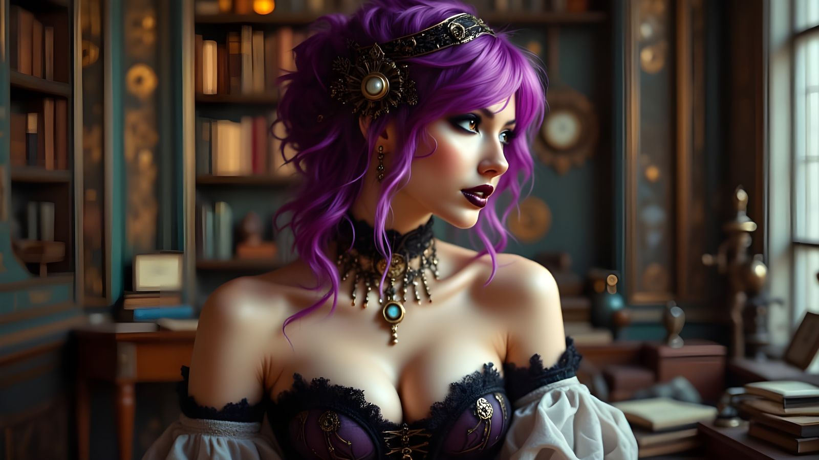 Steampunk Woman in Victorian Library, Soft Photorealism
