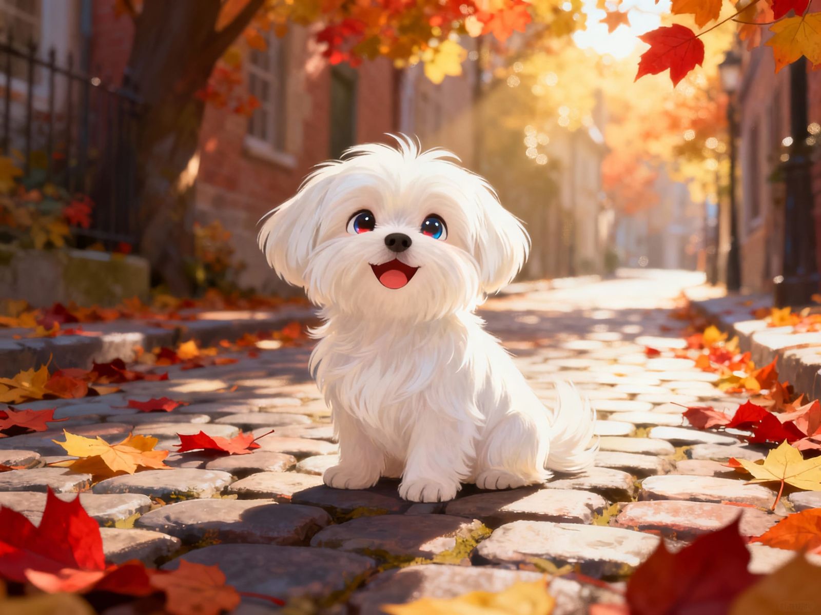 Adorable Baby Maltese Dog in Autumn Sunlight