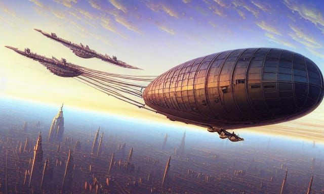Retrofuturism airship dieselpunk flying above a city beautiful with intricate details by Marc Simonetti, Peter Gric and ...