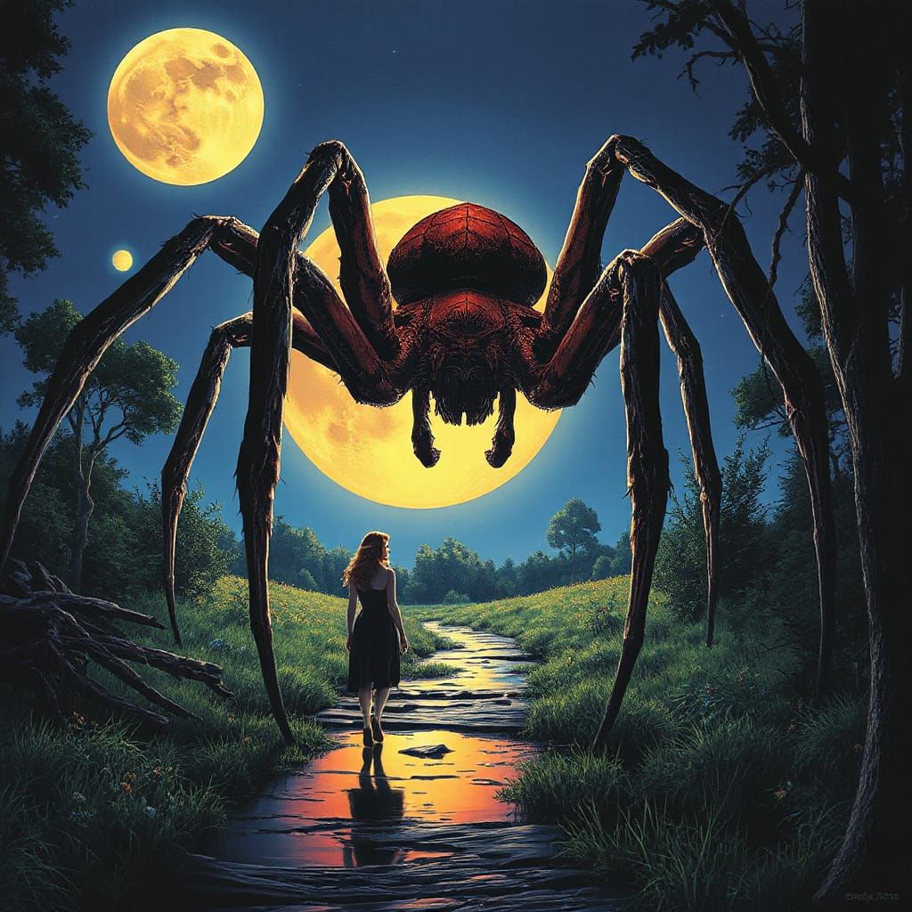 Giant Spider on Moon with Woman, 3D Abstract