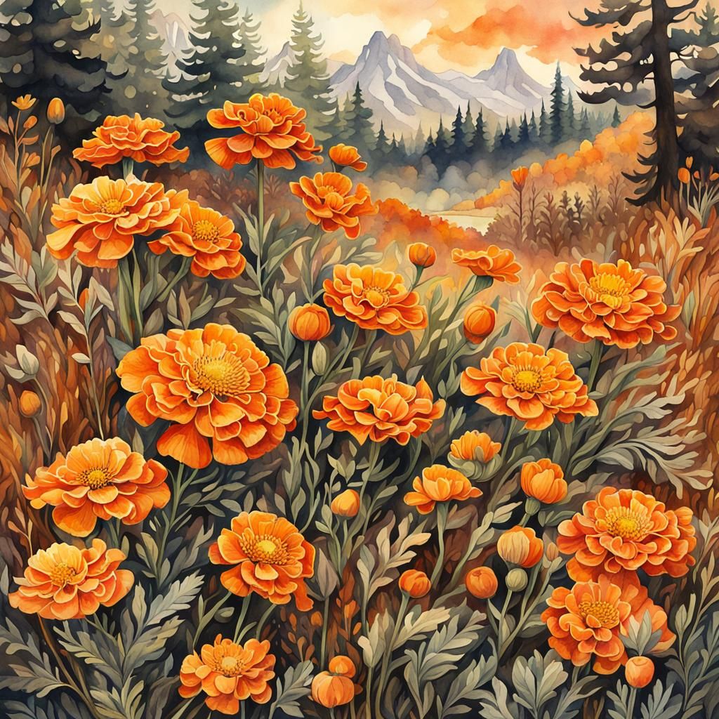 Vivid Orange Marigolds in Watercolor Illustration