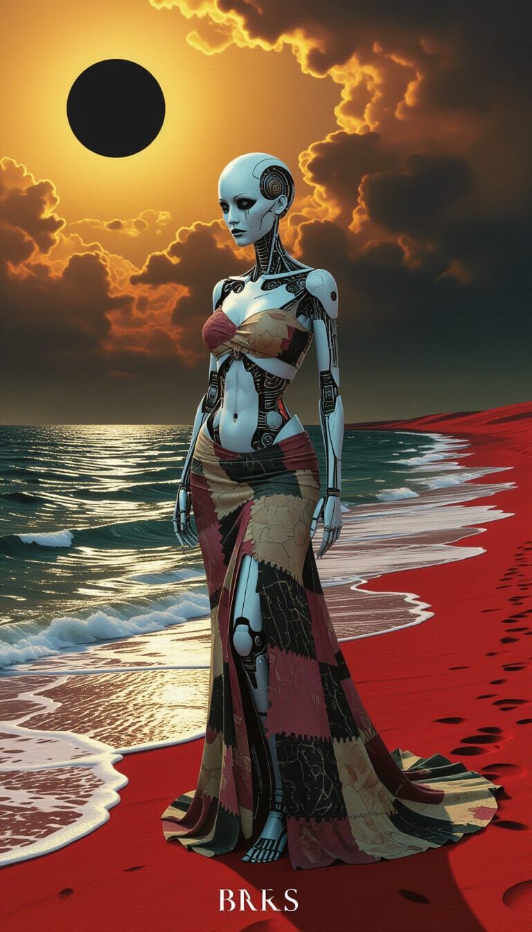 Biomechanical Woman on Obsidian Ocean Edge