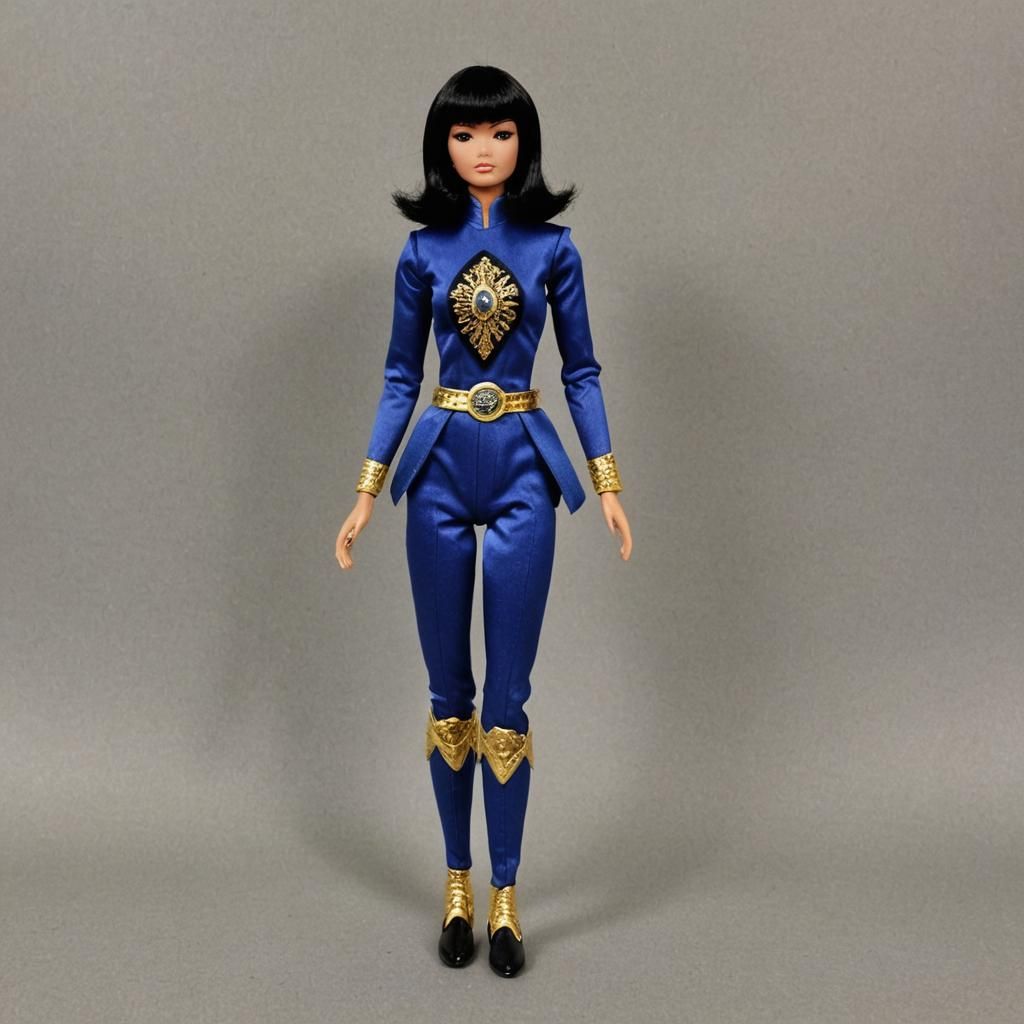 Vietnamese fashion doll with a black bob with bangs as the indigo gold crystal raven power ranger 1958
