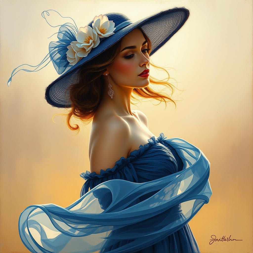 Elegant Woman in Sapphire Gown with Floral Hat