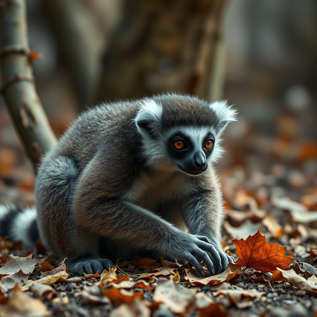 Lemur in Frosty Autumn Landscape
