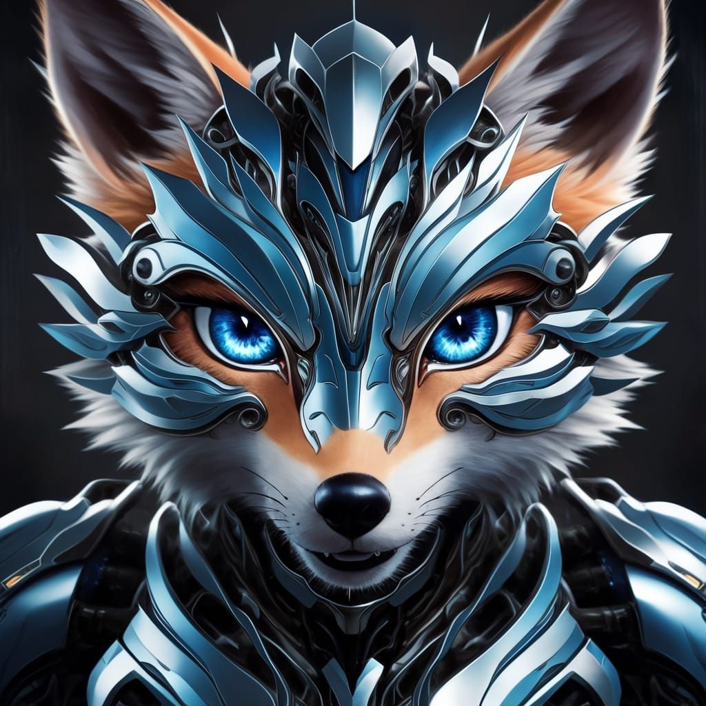 Blue-Eyed Robotic Fox in Modern Anime Art Style
