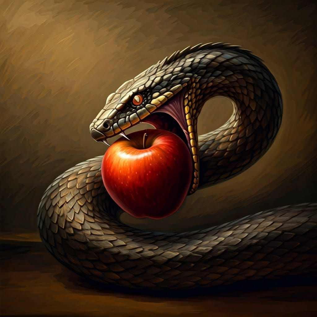 Majestic Serpent Offers Forbidden Apple in Dark, Brooding La...