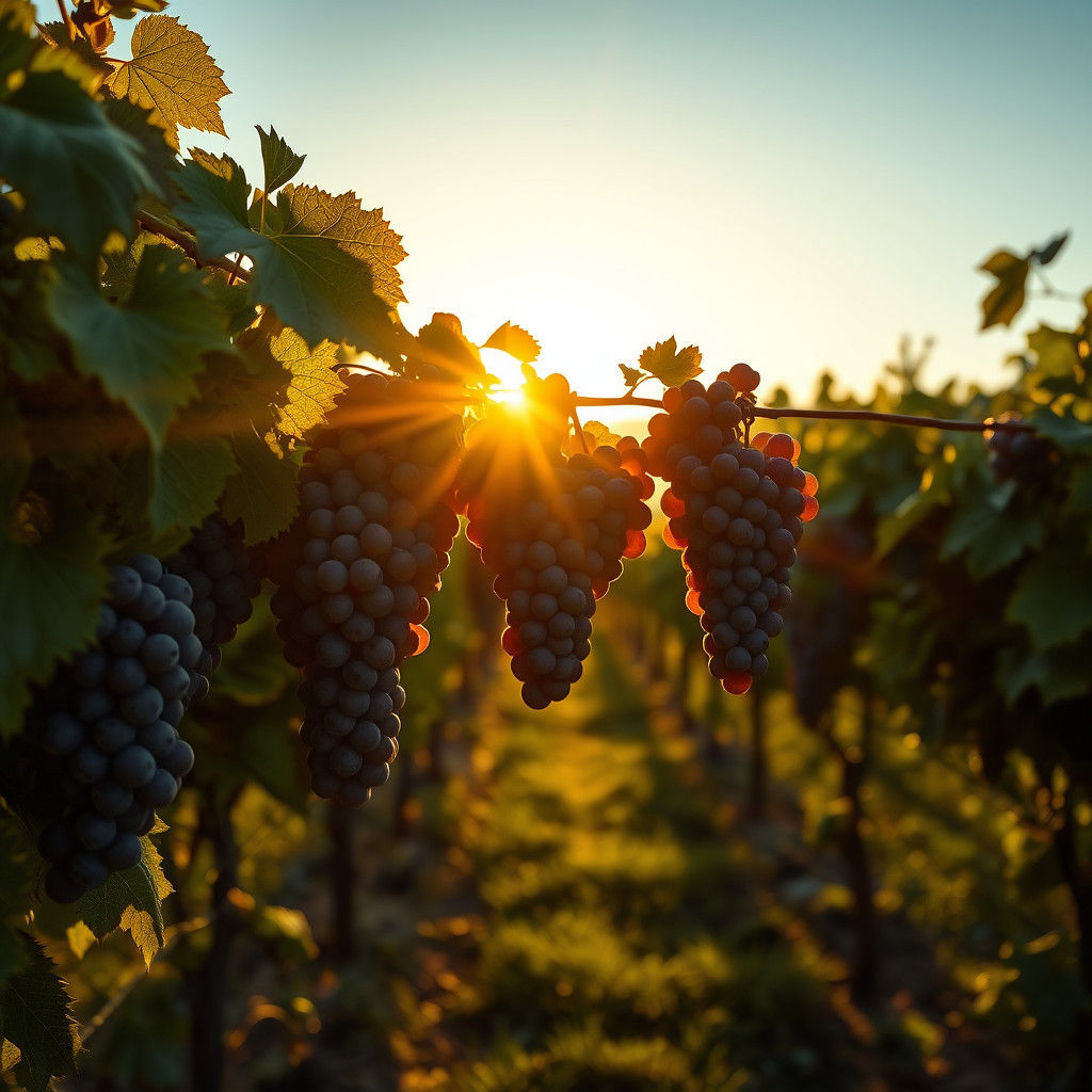 Majestic Vineyard Sunset: Glistening Grapes in Golden Light