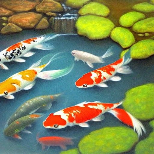 Koi Fish Pond with Frog as Oil Painting