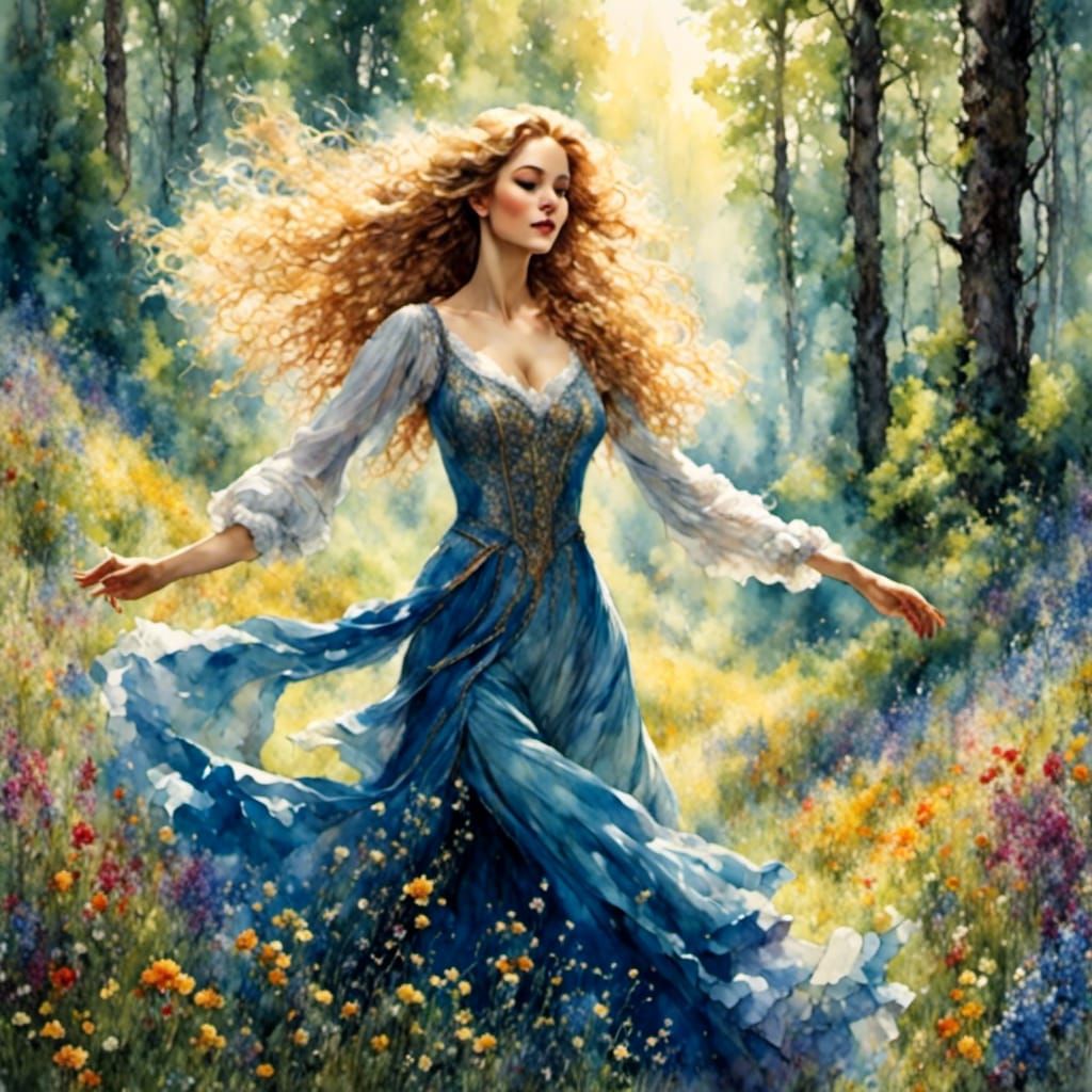 Woman Dancing in Enchanted Forest in Gouache Style