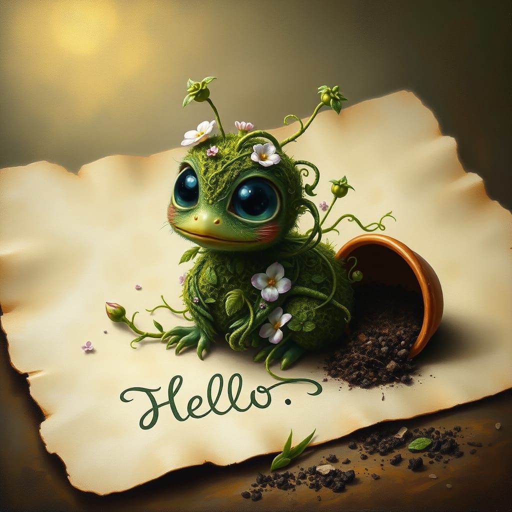 Magical Plant Creature on Parchment as Oil Painting